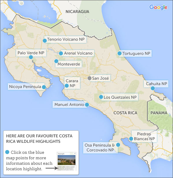 Mapa divoké zvěře Kostariky \u0026 hlavní bodyMapa divoké zvěře Kostariky \u0026 hlavní body  