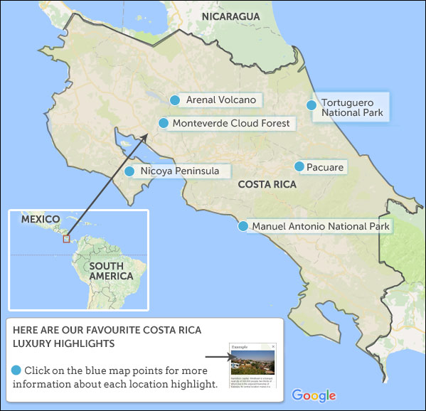 mandig vindue dobbelt Costa Rica luxury vacations map & highlights