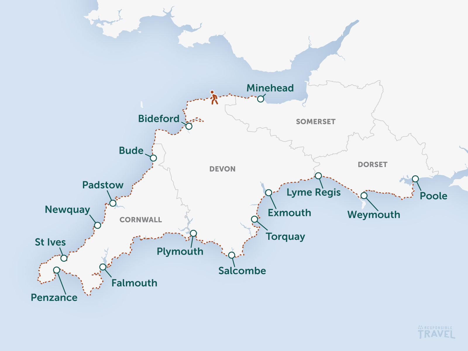 Englands South West Coast Path map: from Minehead to Poole via Lands End