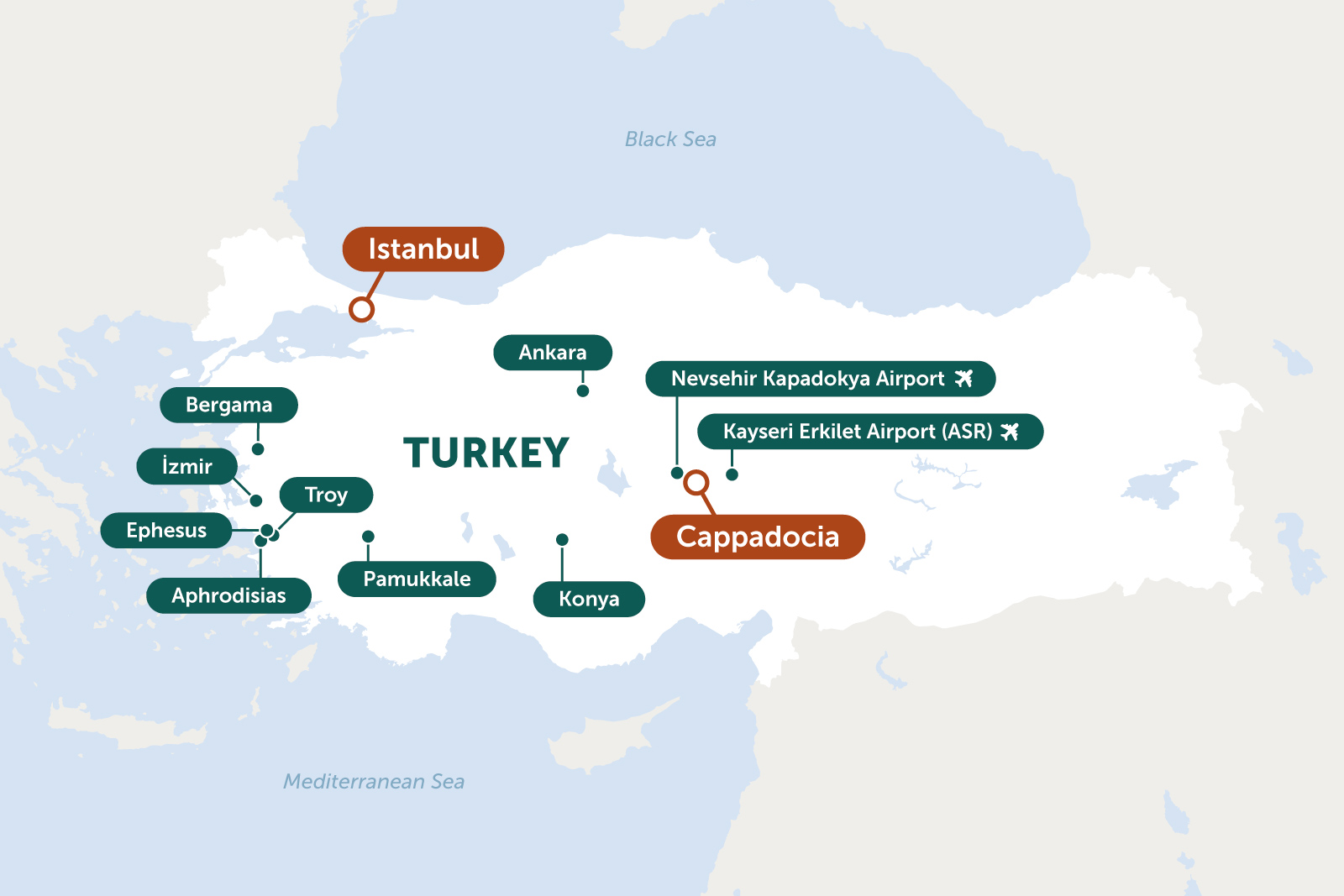 Cappadocia and Istanbul map, Turkey