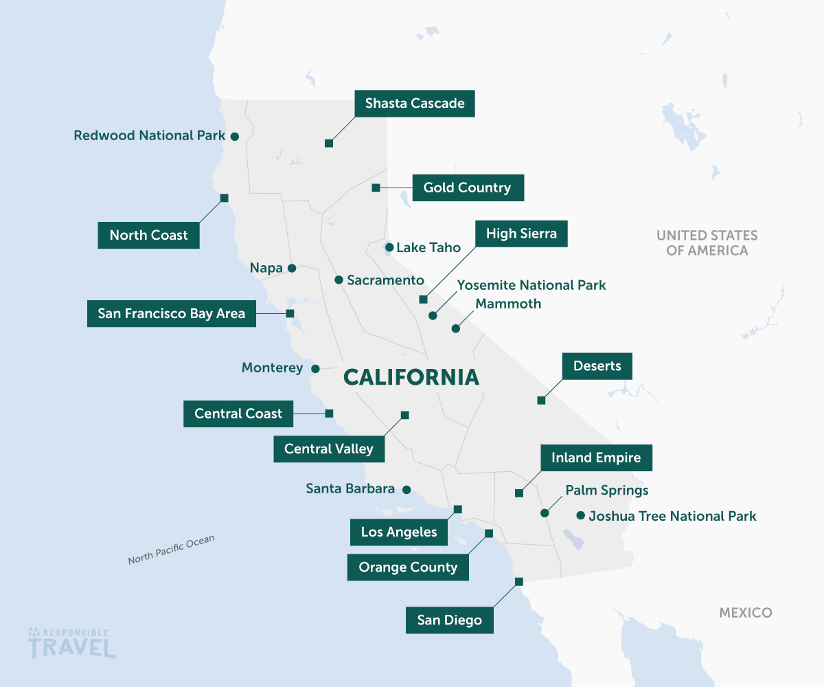 California map: showing some of the major points of interest across the state