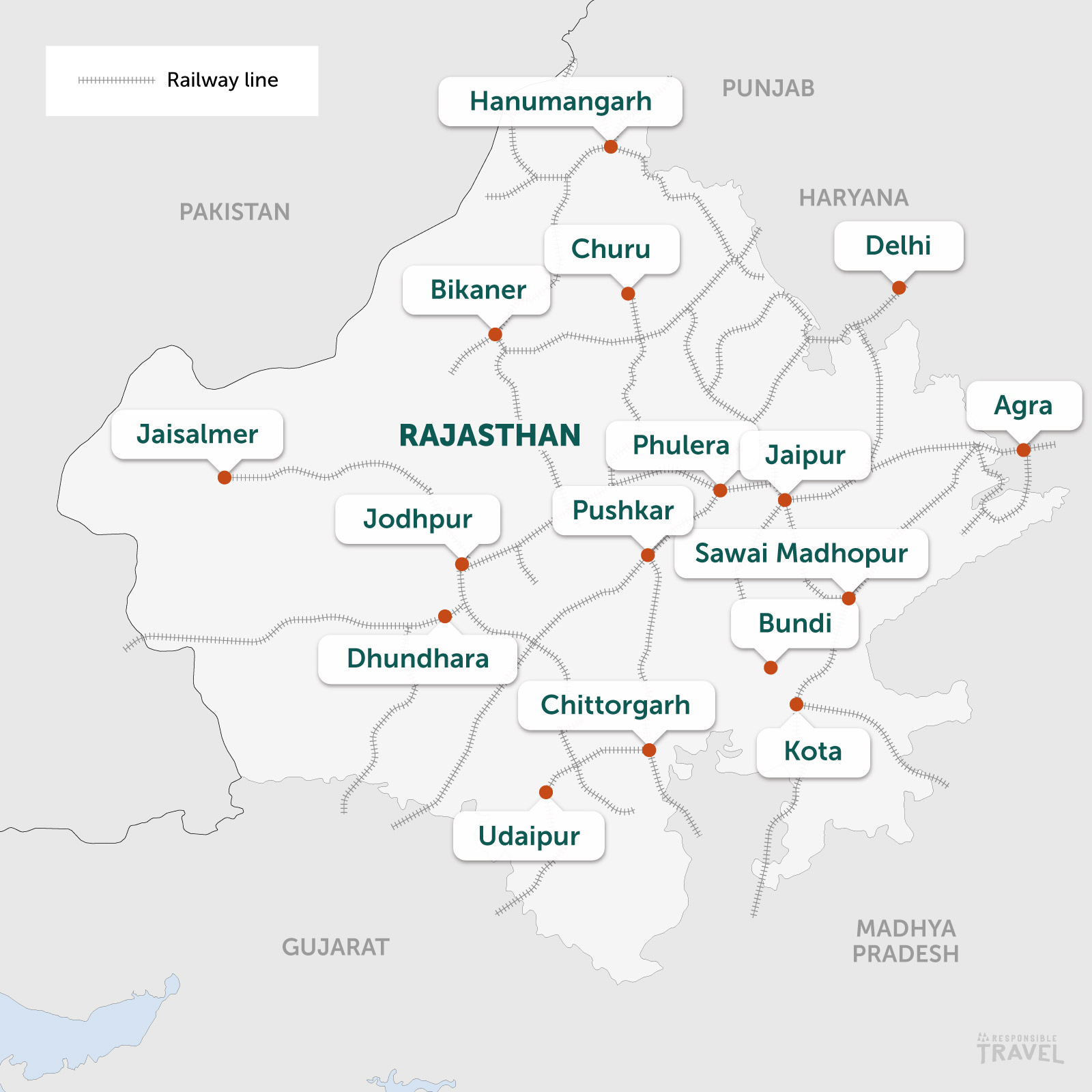 Rajasthan railway map: covering the Golden Triangle and more