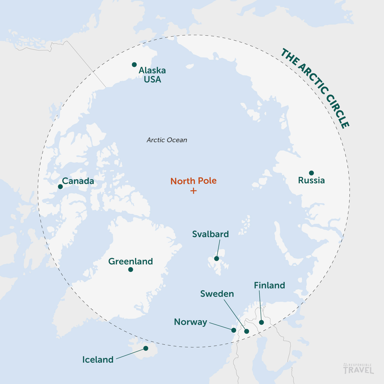 Arctic circle map: from above the North Pole