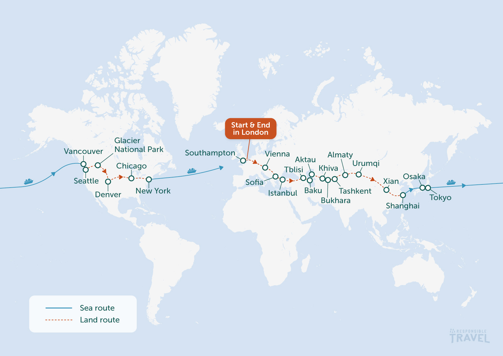 Around the world by train map: starting in London