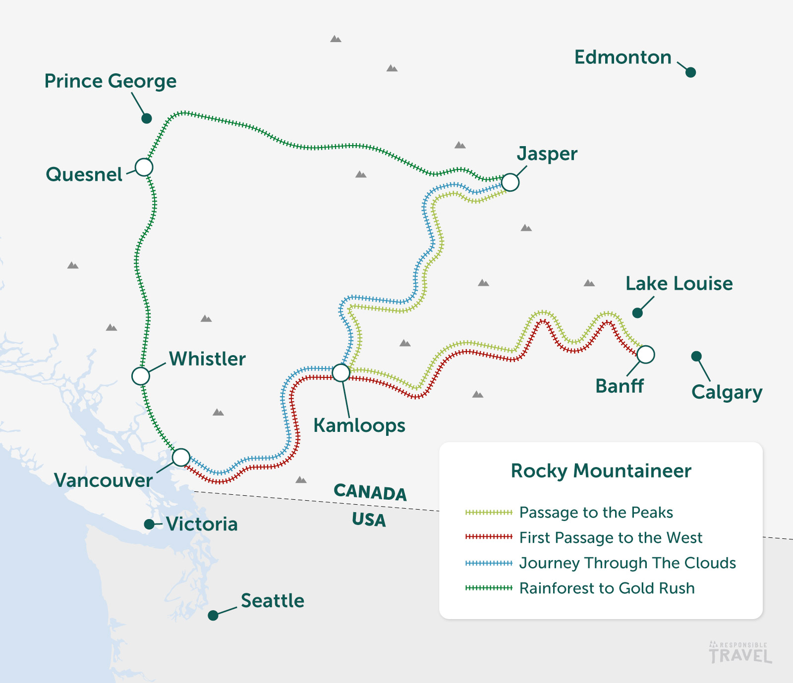 Rocky Mountaineer train route map: Passage to the Peaks, First Passage to the West, Journey Through the Clouds, Rainforest to Gold Rush