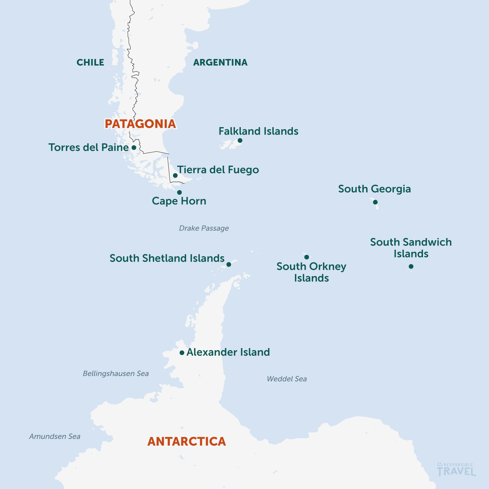 Patagonia and Antarctica map: Torres del Paine, Tierra del Fuego, Falkland Islands, South Shetland Islands and the Drake Passage