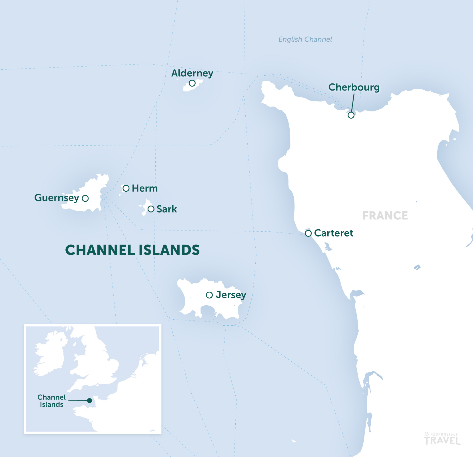 Channel Islands map: Guernsey, Jersey, Alderney, Herm & Sark