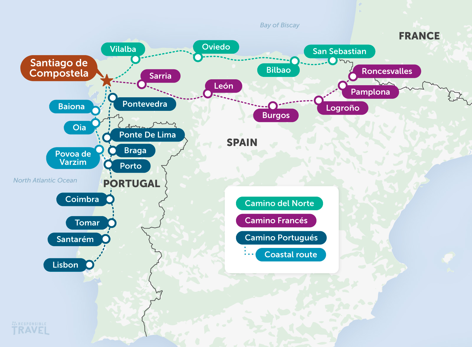 Camino de Santiago map: Camino del Norte, Camino Frances, Camino Portugues and the coastal route