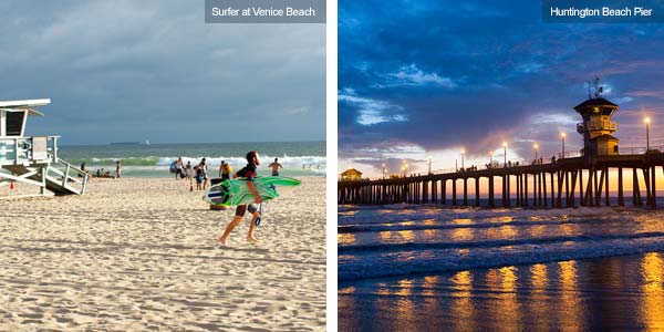 Surfer at Vencie beach and Huntington Beach Pier