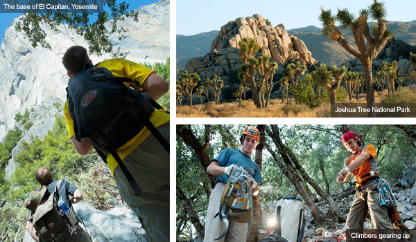 Climbers at El Capitan base, Joshua Tree National Park and climbers getting ready