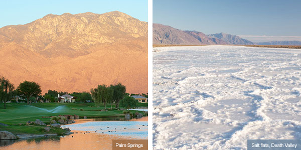 Palm Springs at sunset and salt flats at death Valley