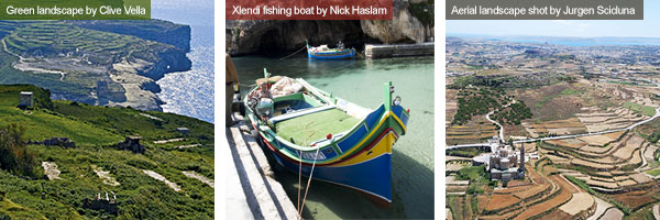 Green landscape, fishing boat and aerial landscape view, Gozo. Photos by Clive Vella, Nick Haslam and Jurgen Sciduna
