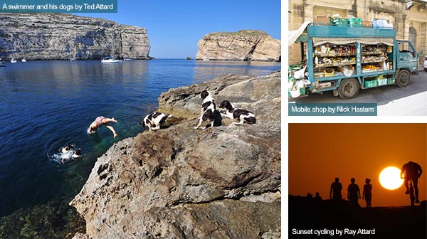 Swimmer, mobile shop and cyclists at sunset, Gozo. Photos by Ted Attard, Nick Haslam and Ray Attard