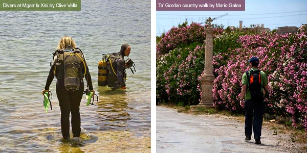 Scuba divers and walker, Gozo. Photos by Clive Vella and Mario Galea