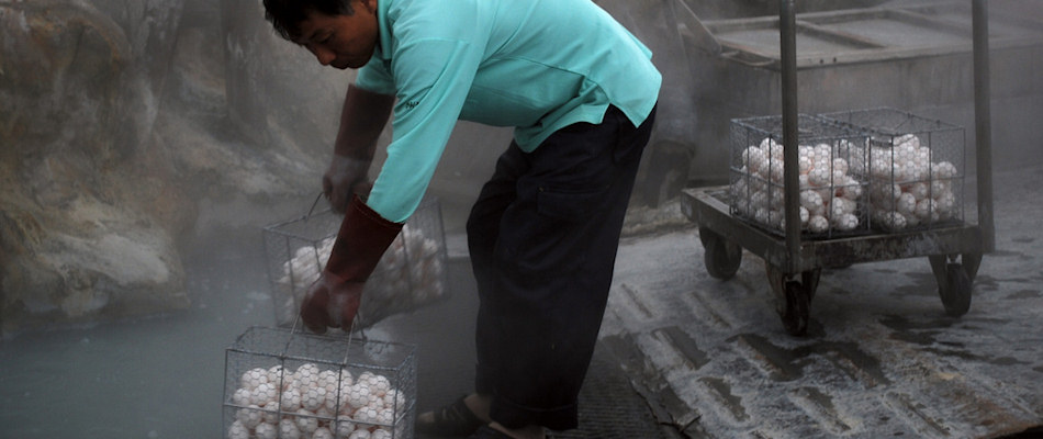 Eggs are boiled in the sulphurous hot spring water