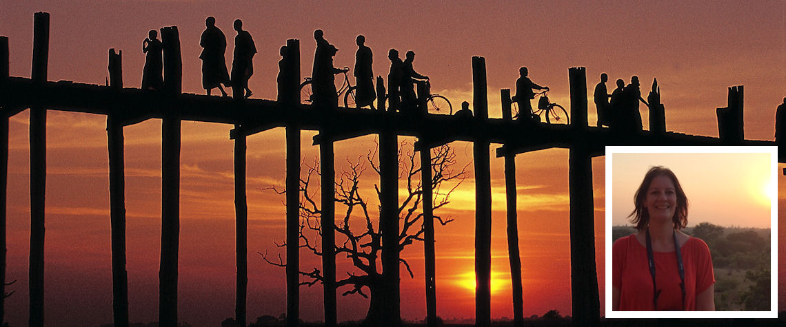 U Bein Bridge and (inset) Lorna Marsh