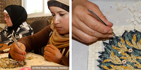 Creating mosaics at the Art River mosaic Workshop, Jordan. Photos by Huw J Williams