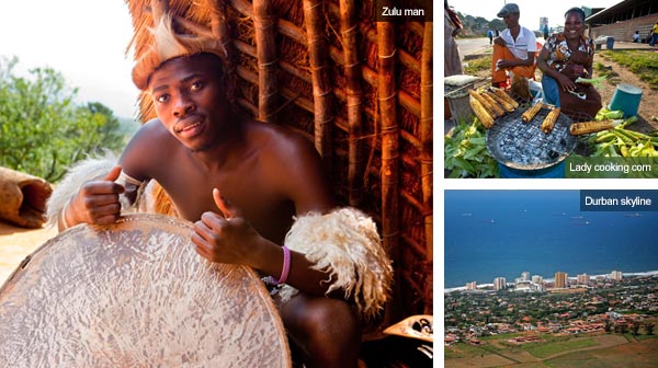 Zulu man, lady selling corn and Durban skyline, KwaZulu-Natal. Photos by Durban Tourism