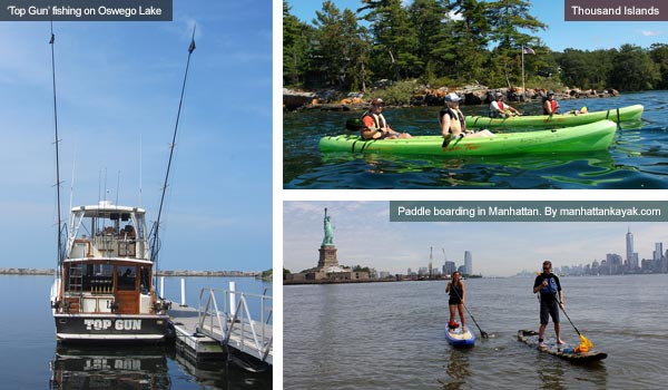 Fishing boat, kayaking and paddle boarding, New York State. Photos by Catherine Mack and Manhattankayak.com