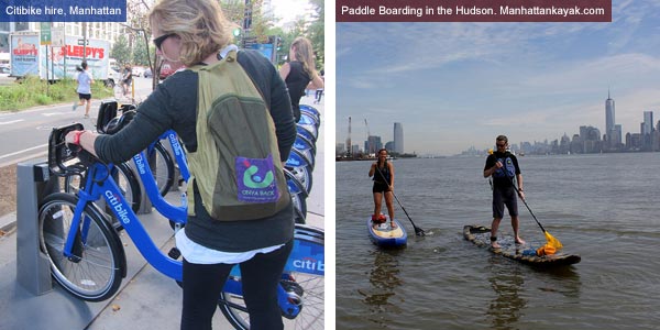 Citibike hire and paddle boarding in Manahattan, New York State. Photos by Catherine Mack and manhattankayak.com