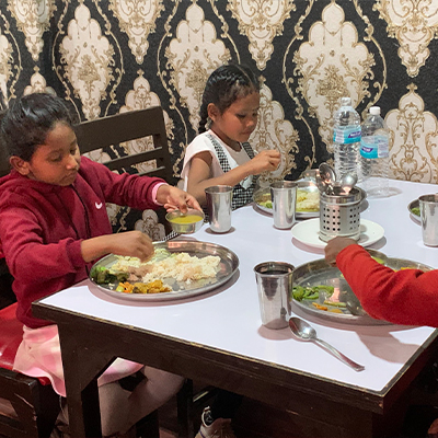 The kids tucking into some food