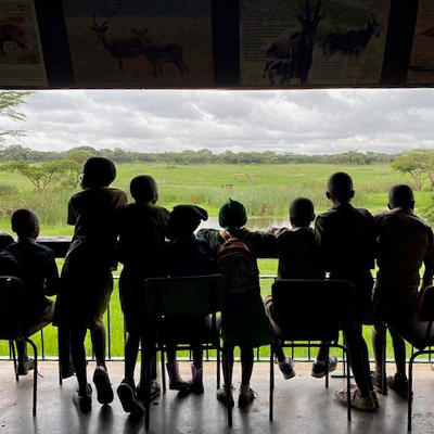 A group of kids gaze out over the reserve
