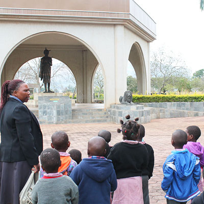 Looking at statue