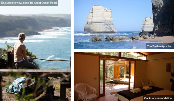 Great Ocean Road view, the Twelve Apostles and a cabin accommodation, Victoria. Photos by Victoria Tourist Board
