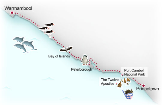 Princetown to Warrnambool route map. Illustration by Lisa Joanes