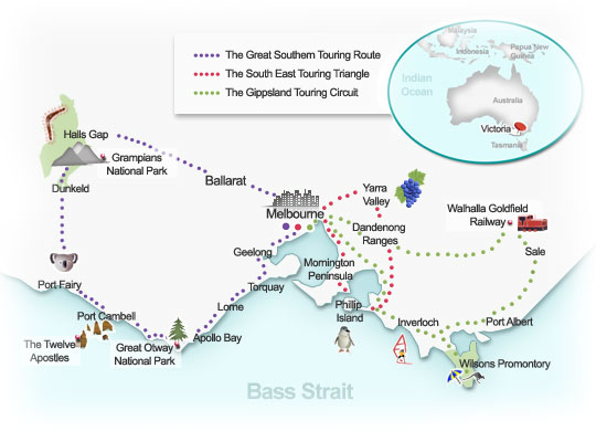 Victoria touring routes map. Illustration by Lisa Joanes